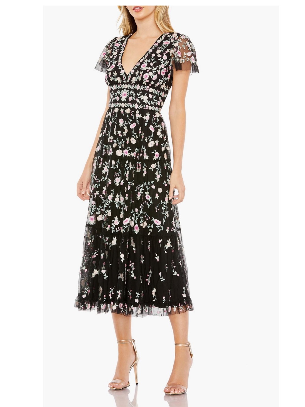 Mac Duggal embroidered V neck cap sleeve midi dress size 10 Mac duggal 53104
